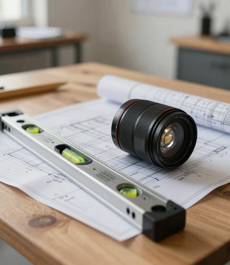 A close-up of professional architectural tools, including a metal spirit level and blueprints, resting on a clean wooden table in a bright Latin American design studio, soft natural light.