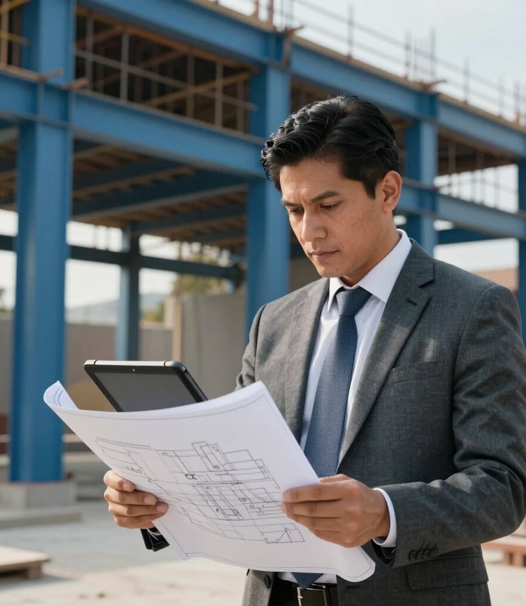 An architect in professional attire looking at blueprints on a digital tablet at an active construction site. Soft daylight highlights the dark slate and steel blue structure in the background. Latin American / Spanish setting.