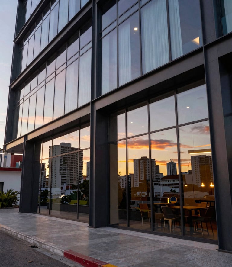 Exterior wide shot of a contemporary luxury hotel with large glass windows and steel structures, reflecting a sunset in a vibrant Latin American city.