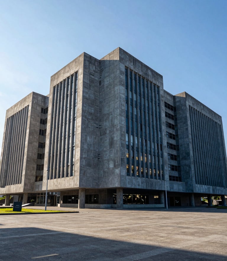 A wide-angle professional photograph of a large, modern government building featuring sharp geometric lines and concrete textures, set in a bright Latin American / Spanish urban plaza. The lighting is crisp afternoon sun, highlighting shades of steel blue and blue grey.