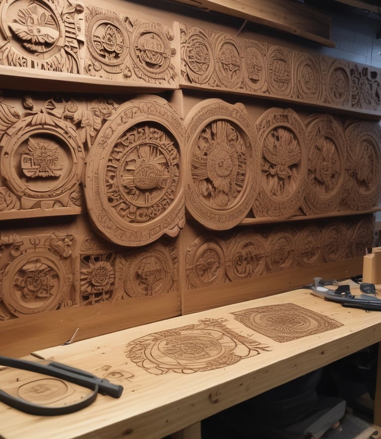 A woodworking setting with four handcrafted wooden doorstops featuring metal accents. Each piece is engraved with the text 'metnis Living'. The background shows a workspace with unfinished wood and shavings.