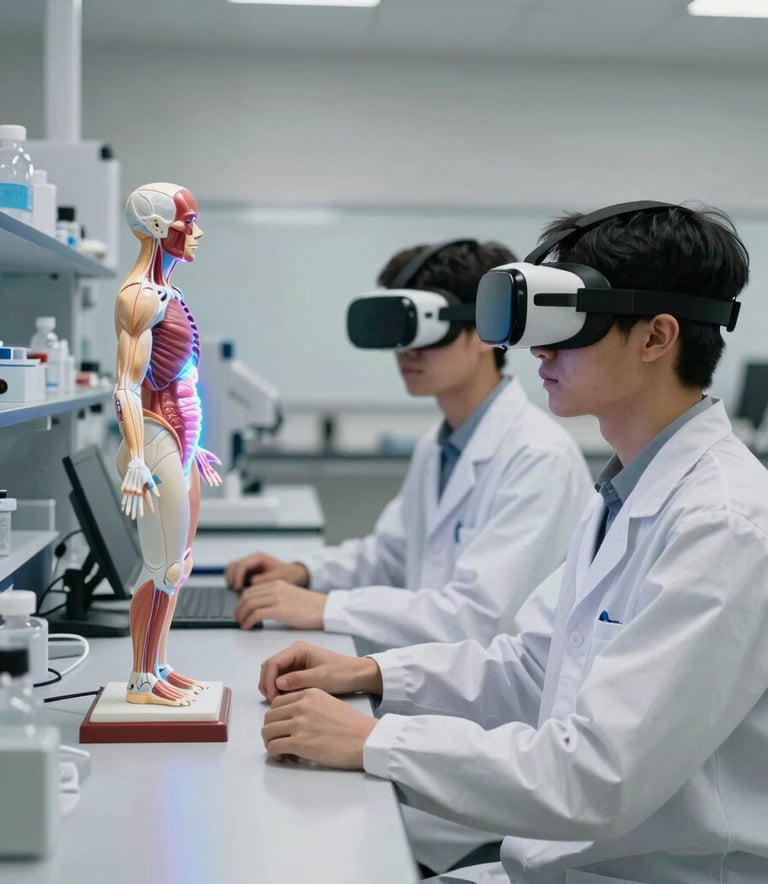 Students in a contemporary university laboratory using VR headsets to study a holographic medical anatomy model. The atmosphere is innovative and clean. International / Global.