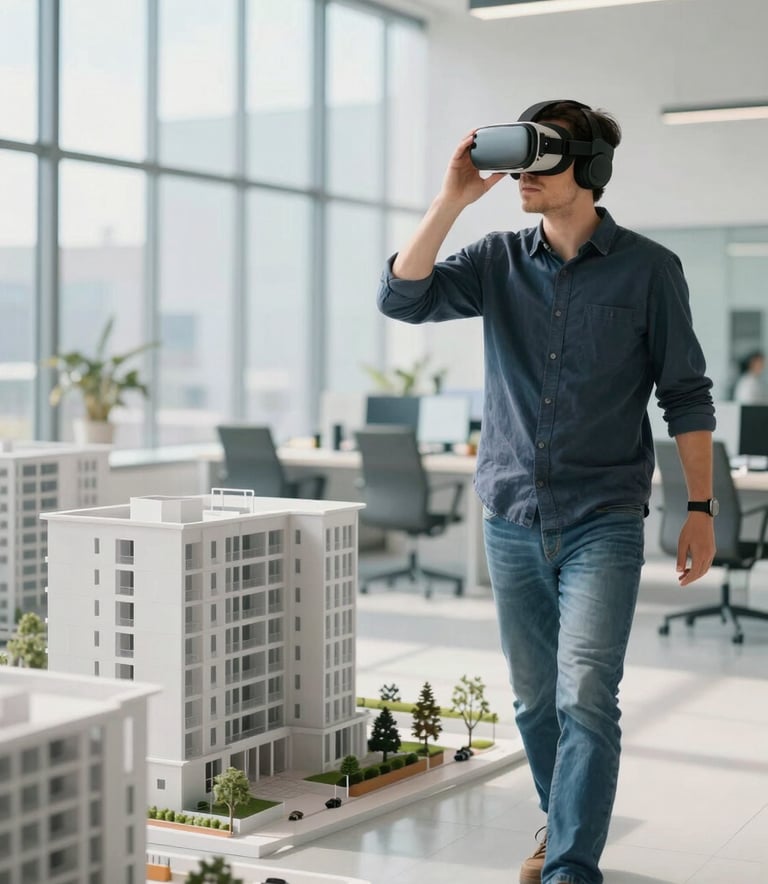A high-end architectural firm where an architect is using a VR headset to walk through a digital building model. The scene is bright, with clean light blue and off white tones. International / Global.