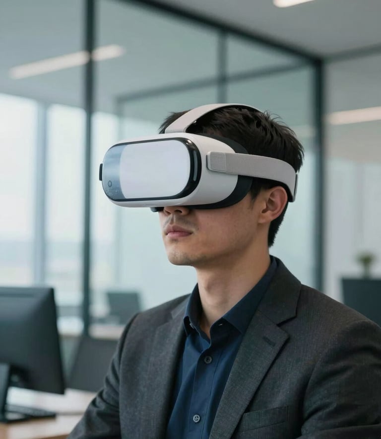 Photography of a professional in a modern, minimalist glass-walled office wearing a sleek white and light blue VR headset. Soft natural light, international / global setting. The mood is innovative and forward-thinking.