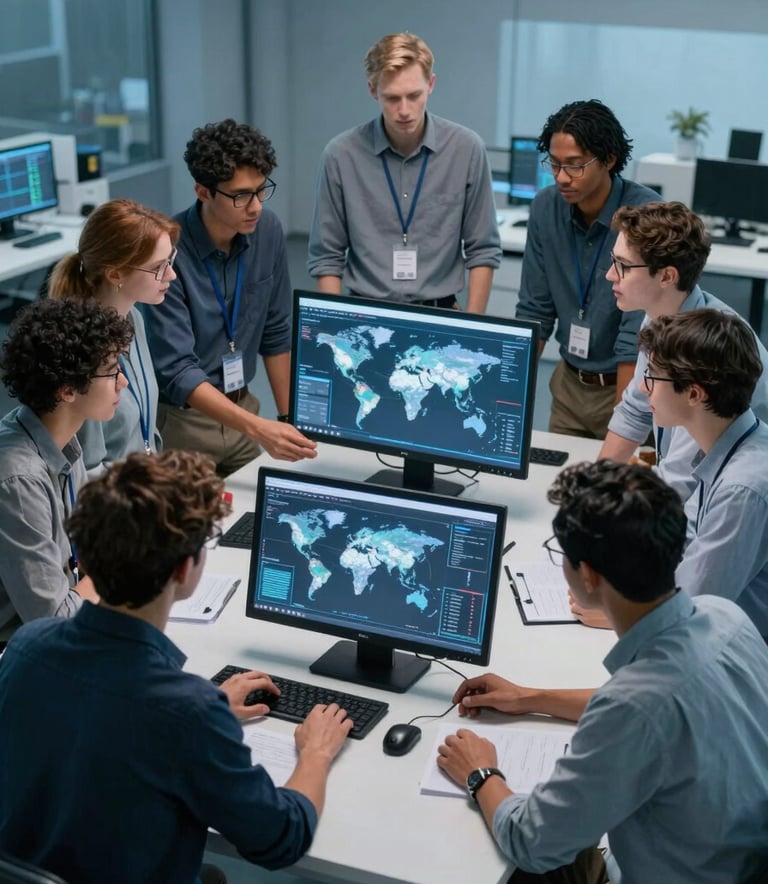 A high-angle photography shot of a diverse group of engineers in a high-tech studio with soft light blue ambient lighting, collaborating around a sleek digital workstation. International / Global. The atmosphere is professional, innovative, and focused.