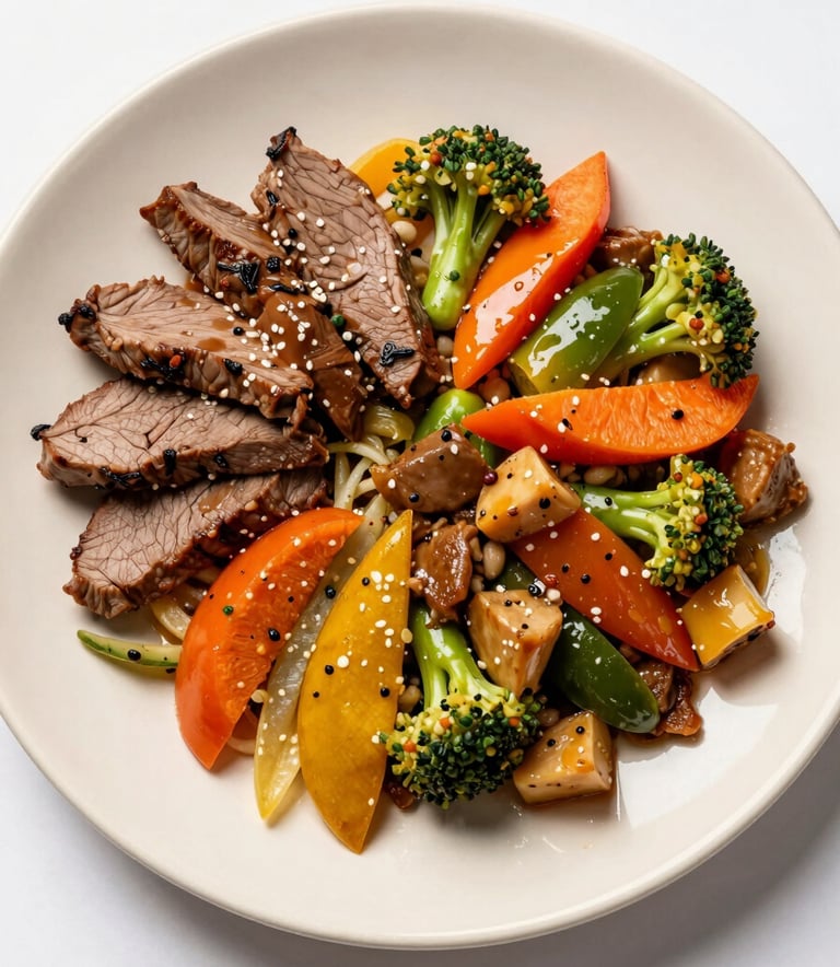A high-quality photography of a vibrant, healthy meal prepared with Brazilian ingredients, lean proteins and colorful vegetables, served on a luxury beige plate, overhead composition, clean and bright style.