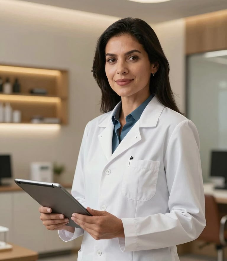A professional portrait of a South American nutritionist in a sleek, modern clinical office, wearing a professional white coat, standing confidently with a digital tablet showing health charts, sophisticated lighting with beige and gold accents.