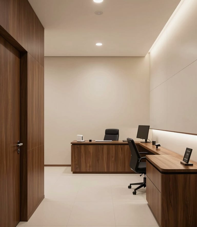 A wide-angle professional photograph of a sophisticated and modern clinical office in Brazil. The interior features minimalist furniture, cream-colored walls, and dark wood textures, exuding a clean, professional, and trustworthy atmosphere.