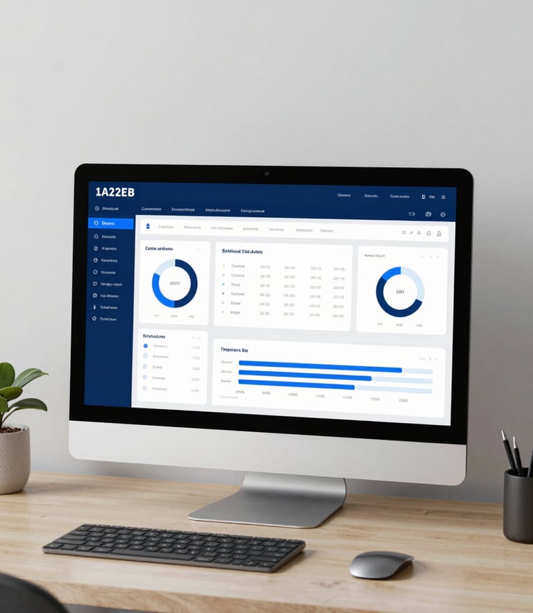 High-end photography of a minimalist designer workspace with a high-resolution screen showing a complex but clean analytics dashboard for a web application, using the corporate colors #1A2E3B and #2B6777.
