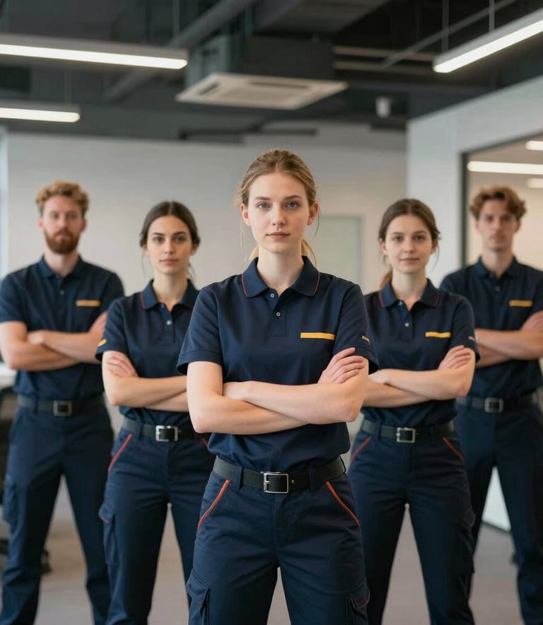 A group of professional cleaning staff in uniform standing confidently in a modern, well-lit office space in Rouen, professional corporate photography style.