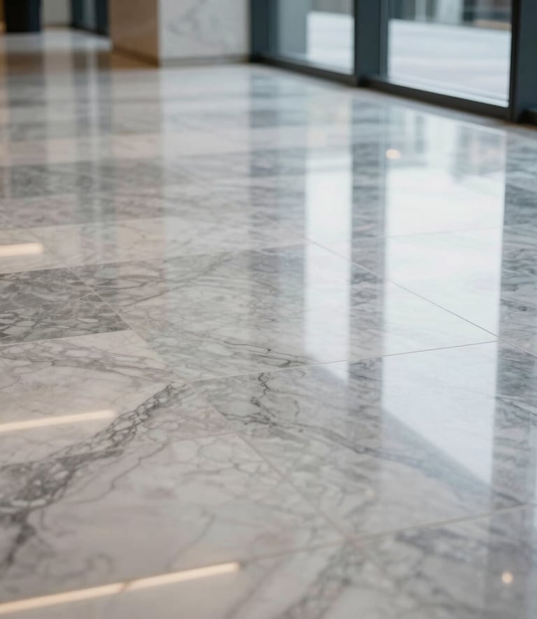 A professional close-up photograph of a polished marble floor in a corporate lobby in Rouen, France / Norman. The reflection of large windows and modern architectural lines is visible on the spotless surface, highlighting excellence and cleanliness.