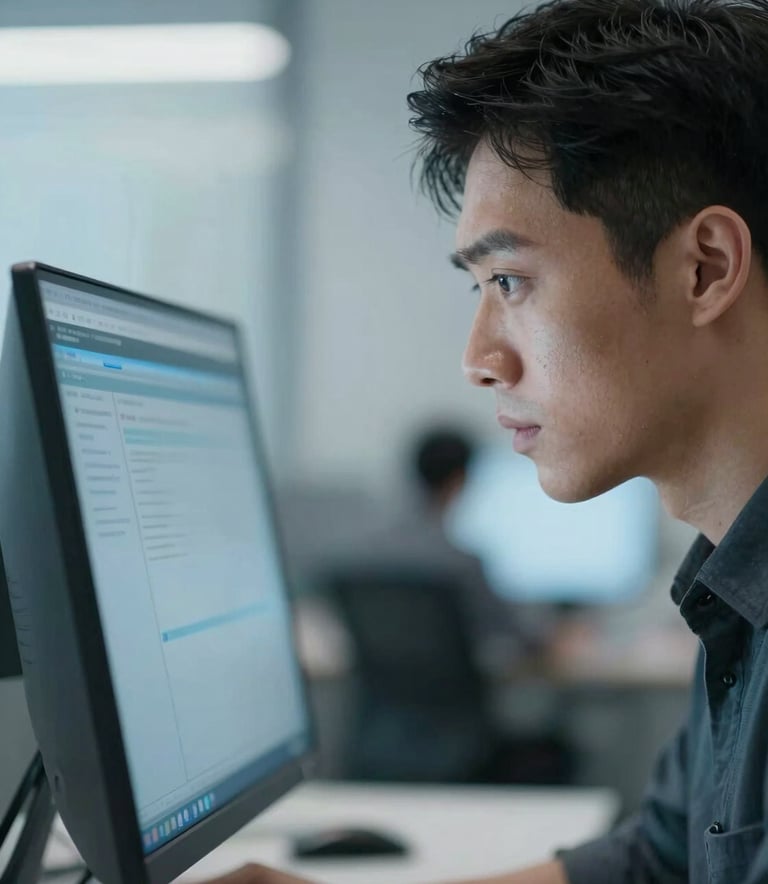 A close-up shot of a technical professional in a modern, well-lit workspace. The individual is looking at a silver-blue screen with focus. The background is a soft-focus office interior in mist and steel blue tones.