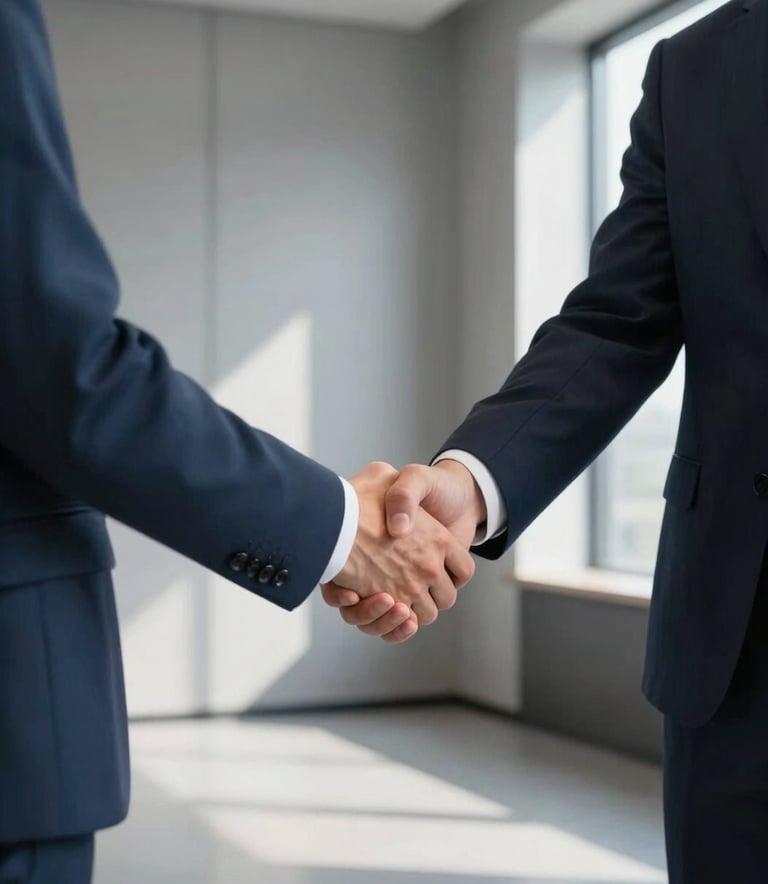 A professional handshake between two people in business attire within a sleek, minimalist meeting room. The color palette features steel blue and silver-grey, with bright natural light creating an atmosphere of successful partnership.