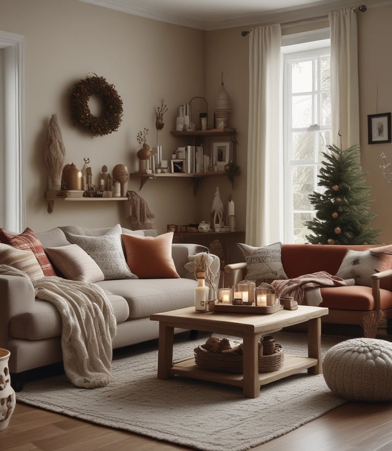 A warm living room adorned with seasonal decorations and soft textiles.