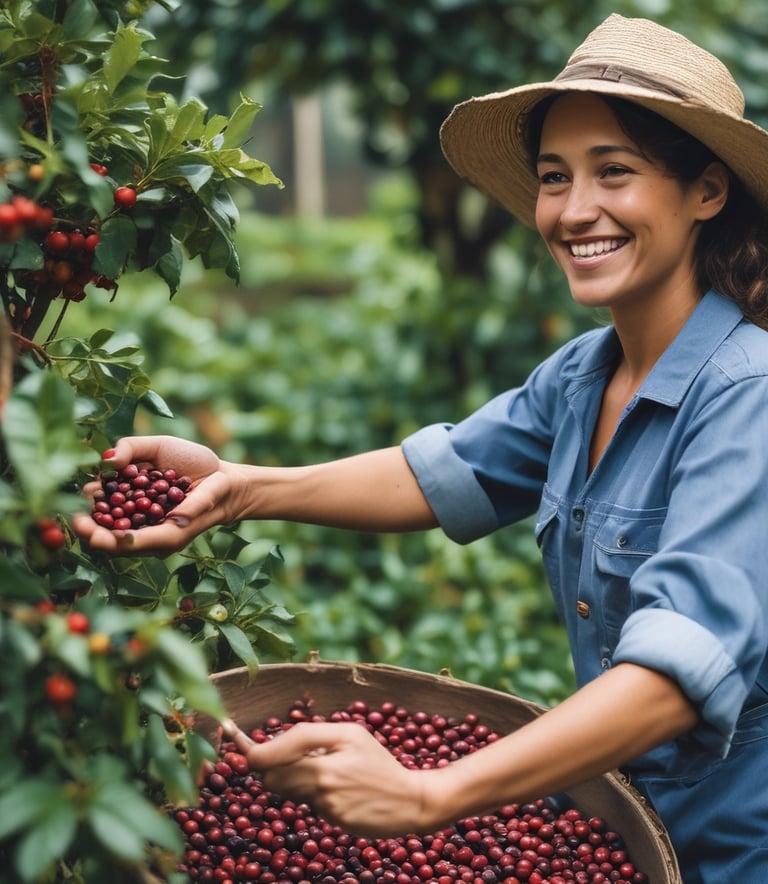 A black coffee bag with a colorful label showcasing a mountain landscape and flying birds is nestled among lush green coffee plant leaves. The scene also includes clusters of ripe red coffee cherries on branches.
