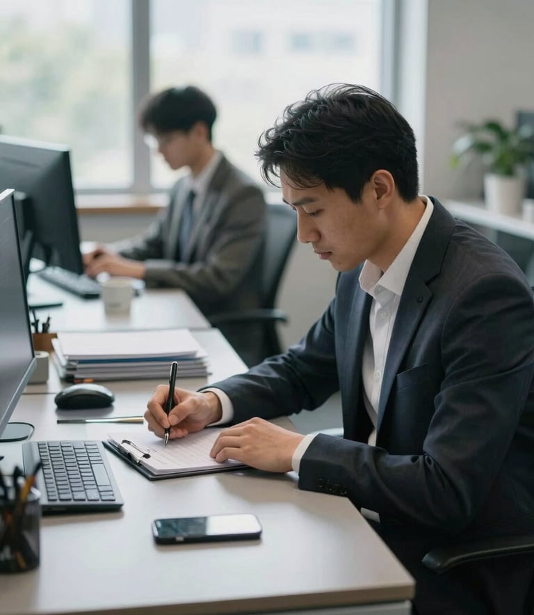 A focused shot of a professional at a clean desk in a US-based office, taking notes during a training session. Natural morning light, steel blue gray desk accessories, and a results-oriented atmosphere.