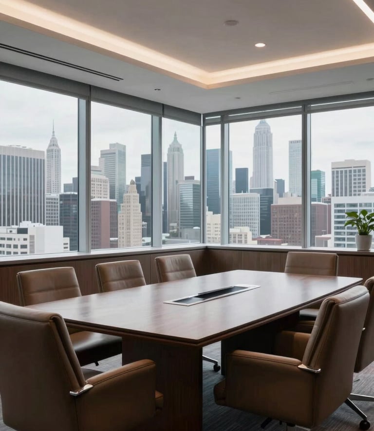 A high-end consulting office with a panoramic view of a North American skyline. A meeting table with leather chairs, soft arctic white lighting, and a professional, results-oriented mood.