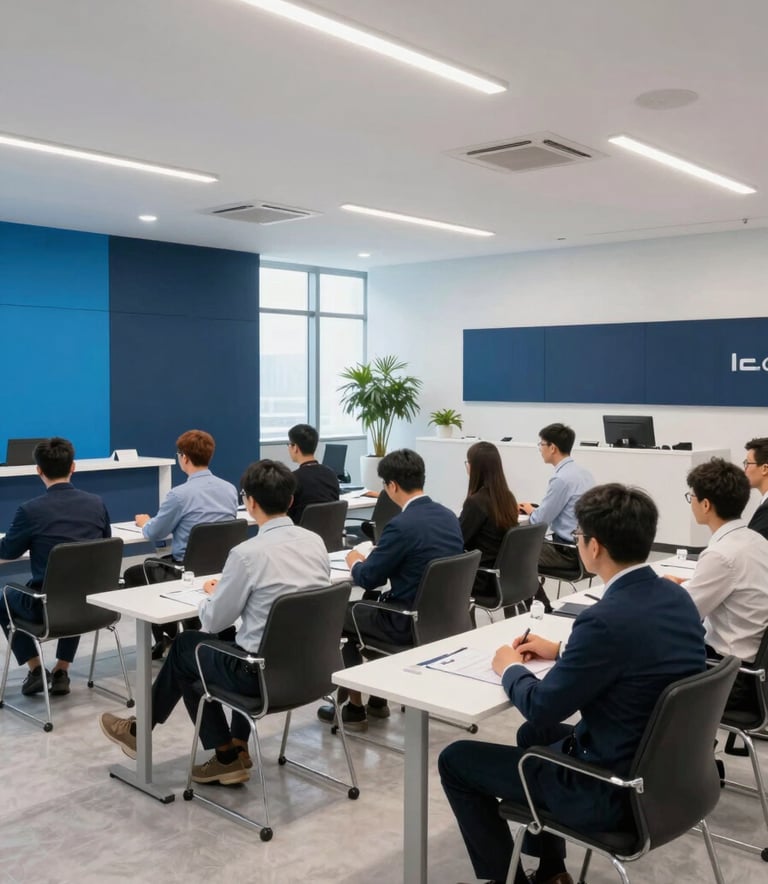 Clean, wide-angle photography of a corporate seminar taking place in a high-tech North American training center. Attendees are engaged in learning, surrounded by Deep Sea Blue and Midnight Navy decor in a bright, modern setting.