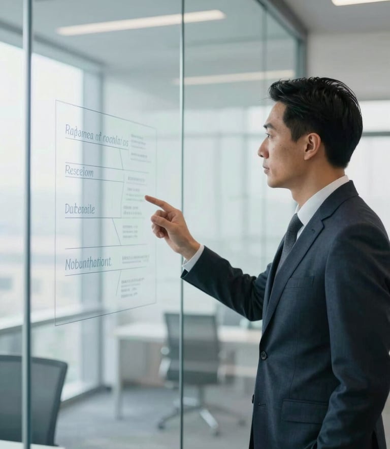 Professional photography of a business consultant explaining a strategy on a glass wall in a modern North American office. The scene is bright with Soft Fog White and Steel Blue Gray tones, emphasizing a results-oriented and sophisticated atmosphere.