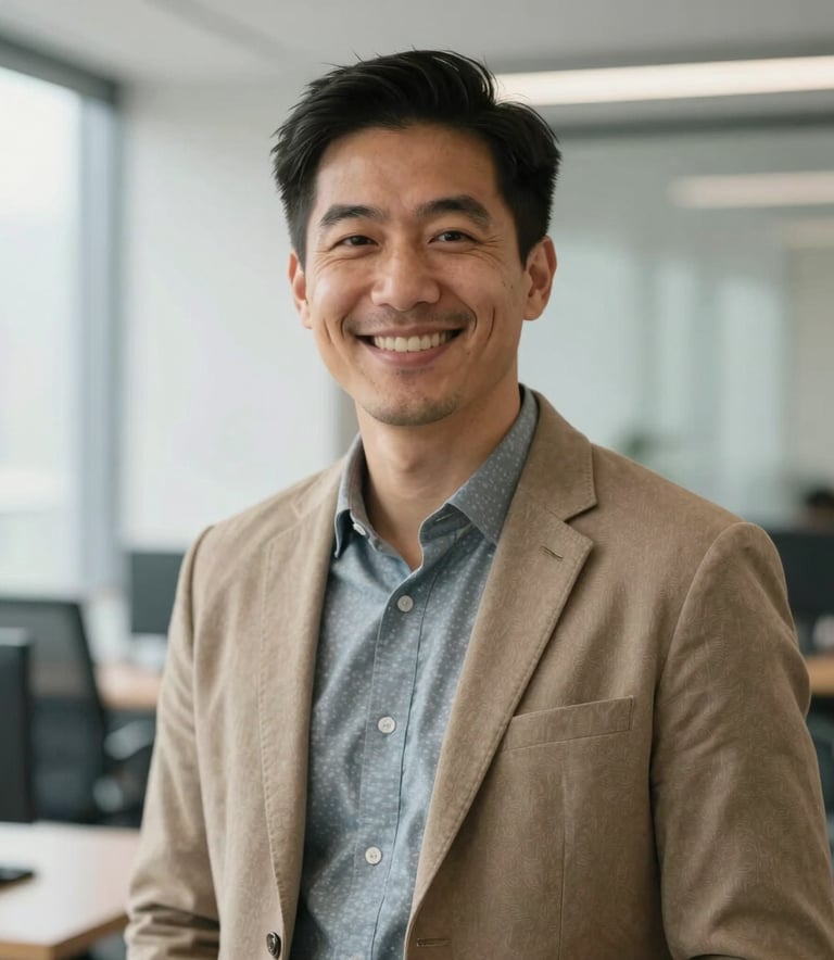 A professional portrait of an approachable person in business-casual attire, smiling warmly in a bright, modern North American office setting with soft, natural light.