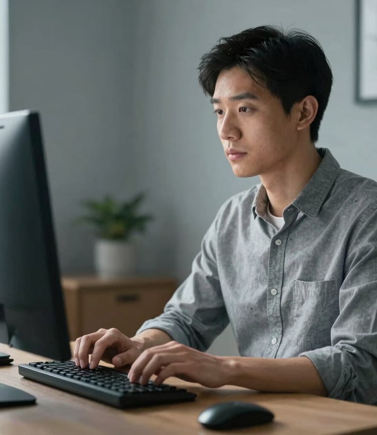 A calm, professional person working at a computer in a tidy North American study, focused expression, with a soft grey-blue color palette in the background.