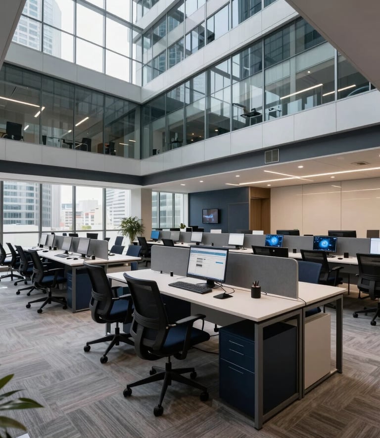 A wide-angle shot of a modern, open-plan office in a high-rise Brazilian building. The space is filled with ergonomic furniture and professional tele-attendance stations, featuring a sophisticated color palette of dark navy and light gray.