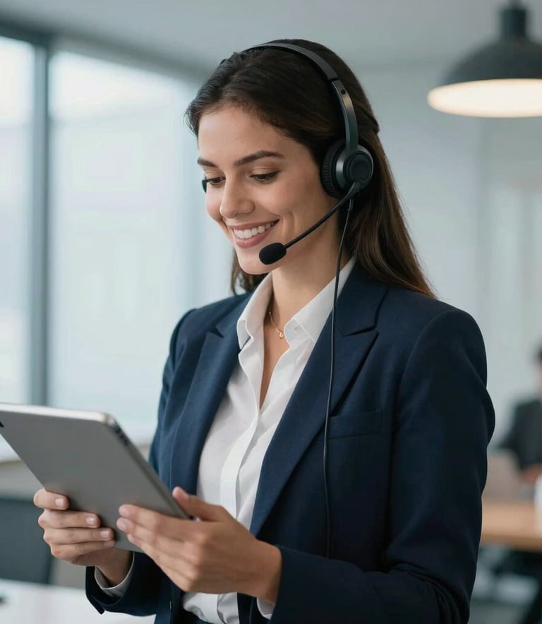 A South American / Brazilian professional woman in business attire wearing a headset, smiling naturally while interacting with a tablet, bright and airy office background with Alice Blue lighting.