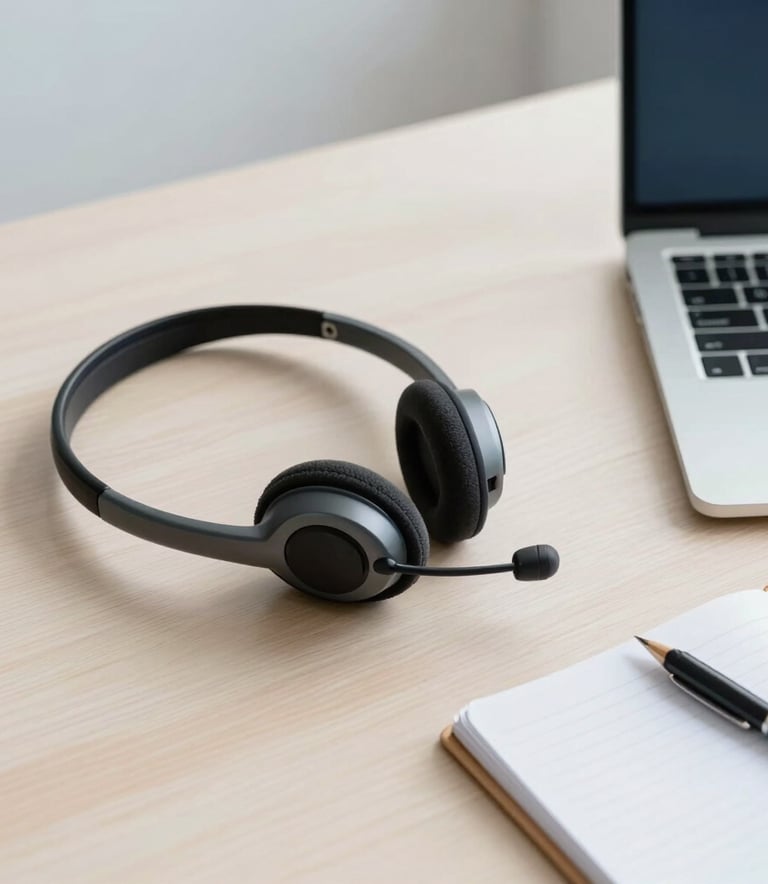 A high-angle shot of a clean, minimalist workspace in a South American / Brazilian corporate setting. A professional headset sits on a light wood desk next to a sleek laptop and a notepad, with soft natural light illuminating the scene in off-white and light blue tones.
