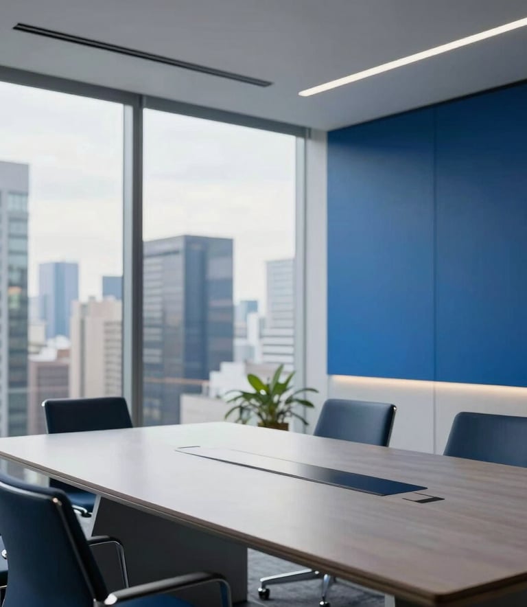 A high-end modern office setting in a South American / Brazilian corporate district, featuring a sleek conference table and minimalist decor in Alice Blue and Oxford Blue tones, soft morning light, professional photography style.