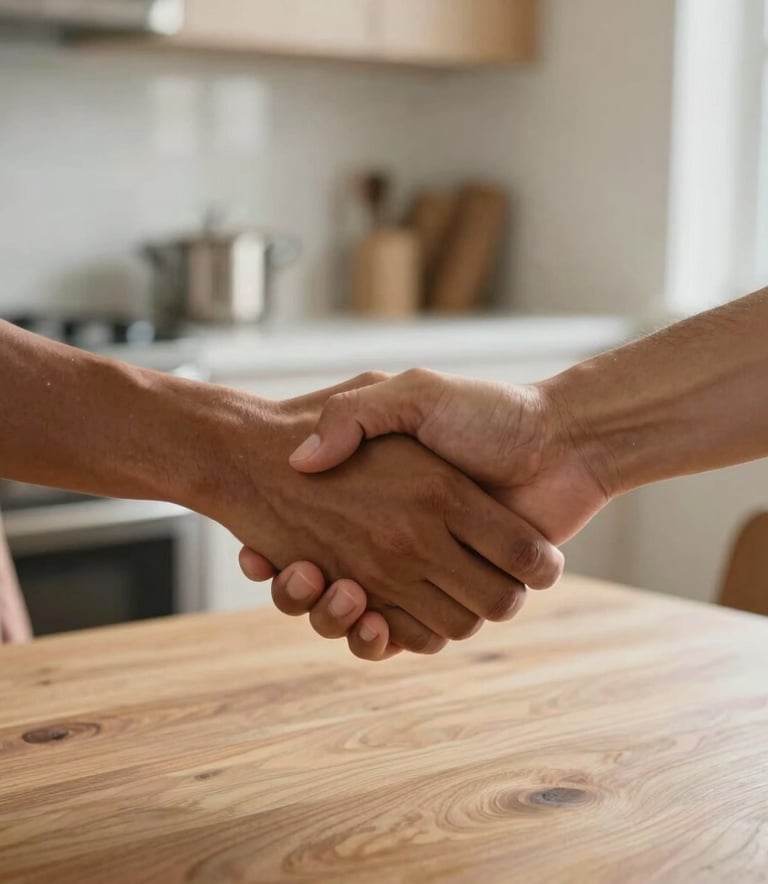 Close-up of two people shaking hands over a wooden kitchen table, soft morning light, North American / culturally diverse, trust and warmth, palette colors like tan and light steel.