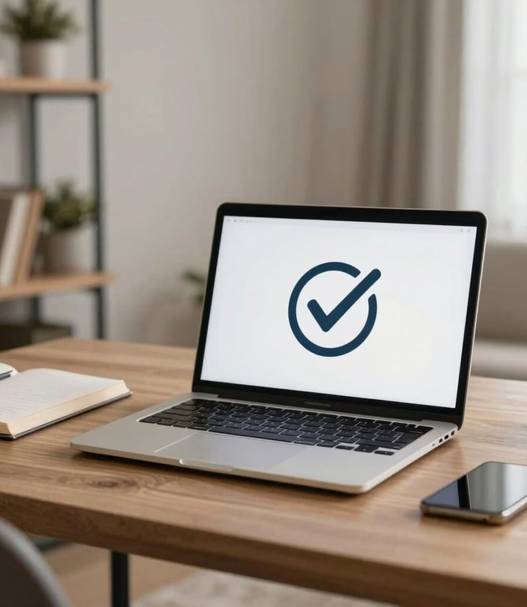 A clean, modern home office with a focus on a laptop displaying a checkmark icon, signifying security and screening, professional yet warm atmosphere, North American / culturally diverse.