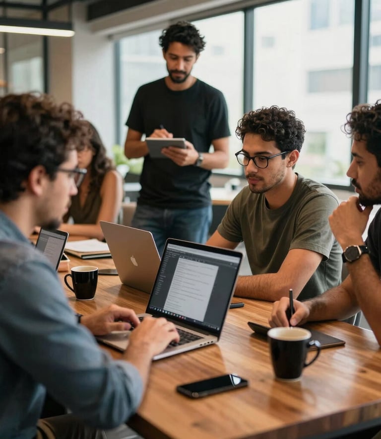 Behind-the-scenes shot of a creative marketing team in a modern São Paulo office. South American / Brazilian professionals planning social media content for the steakhouse. Natural light, professional yet relaxed mood, wooden table background.