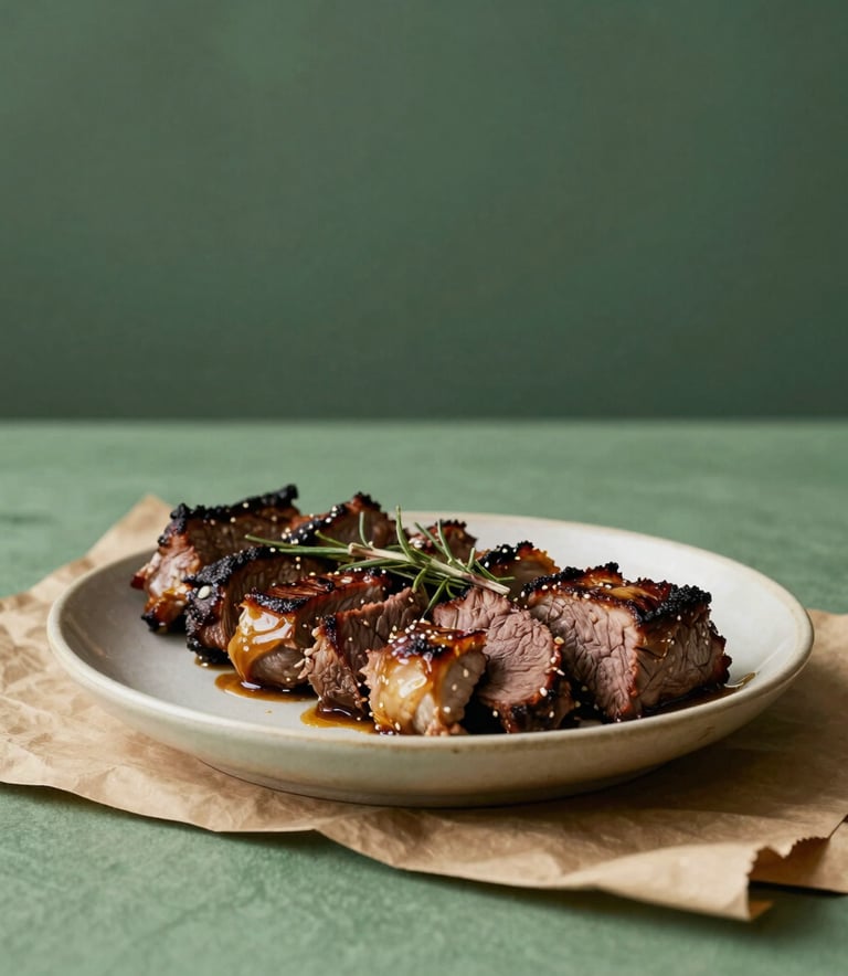 Prato de carne grelhada em estilo escandinavo minimalista sobre louça Parchment Green, com iluminação natural suave, em um cenário South American / Brazilian sofisticado.