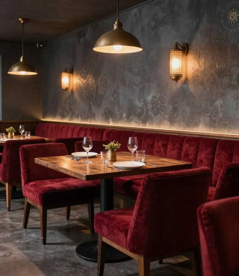 Interior luxuoso de uma churrascaria em estilo South American / Brazilian, com iluminação quente, móveis em Dark Grey e detalhes em Deep Carmine Red, capturando uma atmosfera acolhedora e sofisticada.