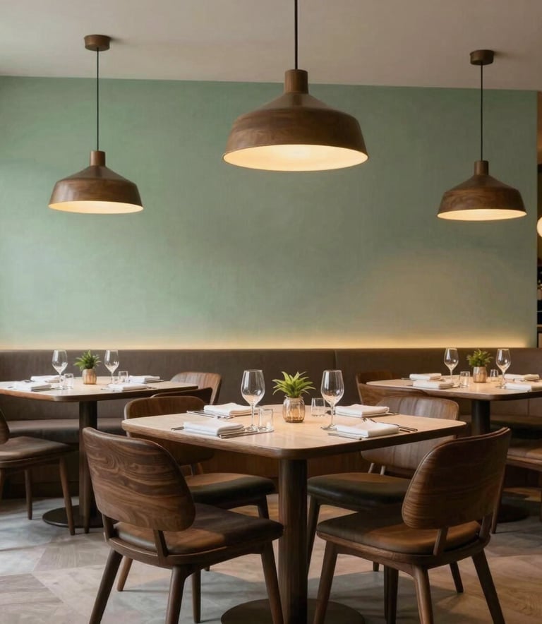 Interior shot of a luxury restaurant in São Paulo, South American / Brazilian decor with Scandinavian influences. Minimalist dark wood furniture, warm hanging lamps, soft parchment green walls, and an elegant, inviting dining setup.