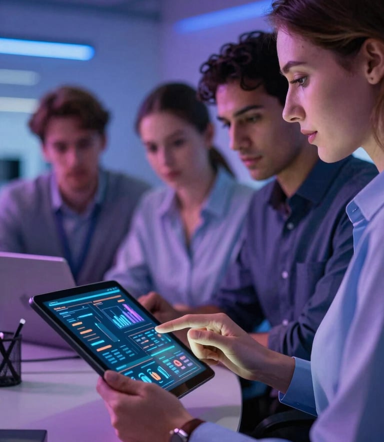 Close-up of a group of focused marketing professionals in a sleek, modern North American / US agency studio, looking at a digital tablet with vibrant data visualizations. The lighting is cinematic with Twilight Blue and Amethyst Purple accents, creating a high-end, creative atmosphere.