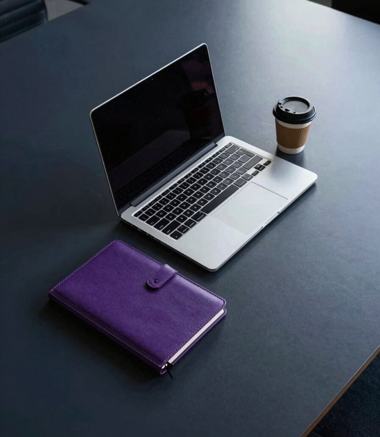A top-down view of a sleek, Dark Midnight Navy conference table in a North American / US office. On the table sits a modern laptop, an Amethyst Purple leather notebook, and a designer coffee cup. The scene is minimalist, professional, and sophisticated.