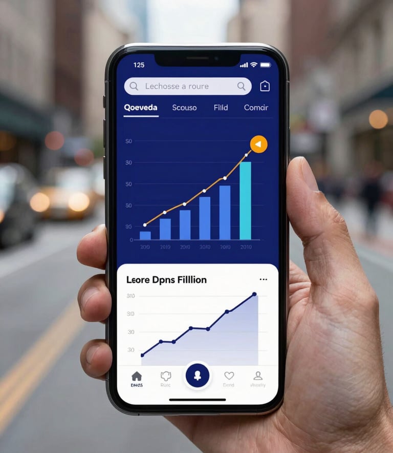 A close-up of a person holding a sleek smartphone in a North American / US urban setting, displaying dynamic social media growth charts, slate indigo background.