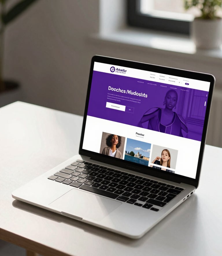 A high-end laptop on a minimalist desk in a North American / US agency, showing a vibrant website design with royal purple accents, natural sunlight.