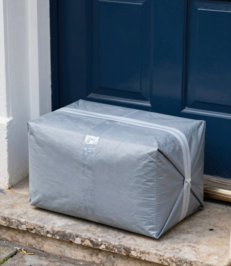 A neatly packaged parcel sitting on a modern British doorstep, crisp morning lighting, professional product photography style, using slate blue and light grey tones.