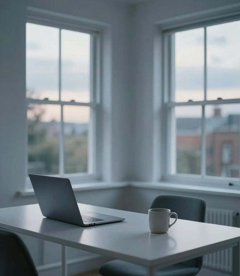 A wide-angle professional photograph of a minimalist home office in a British residence. A clean white desk holds a laptop and a ceramic mug. Large windows in the background reveal a soft, cloudy afternoon. Muted blue grey tones dominate the scene.