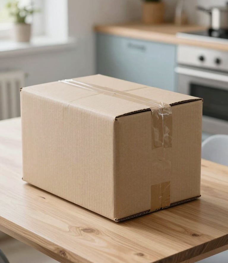 A high-quality close-up photograph of a cardboard shipping parcel on a light wood kitchen table. The room is bright with natural daylight, showing a clean, modern Northern European home interior. Soft shadows and a palette of pale grey blue and off-white create a professional feel.