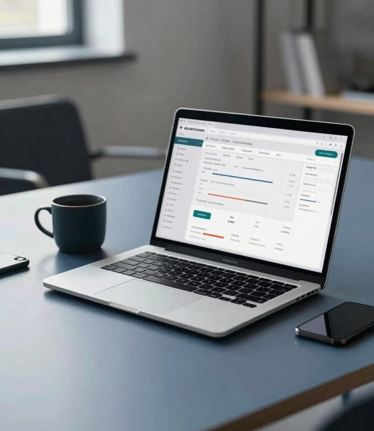 A professional, clean workspace in a Northern European office with a laptop showing a retail dashboard, organized desk, soft daylight, palette of slate blue and charcoal.