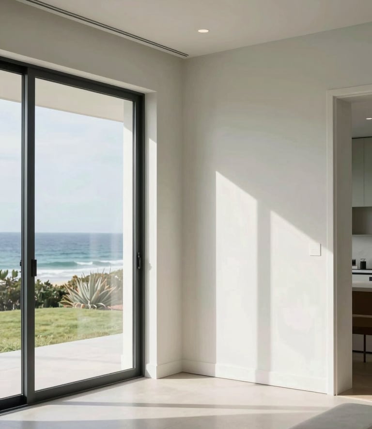 A sophisticated and bright Australian coastal home interior with clean lines, soft pale sage and off-white accents, reflecting a sense of calm and order.