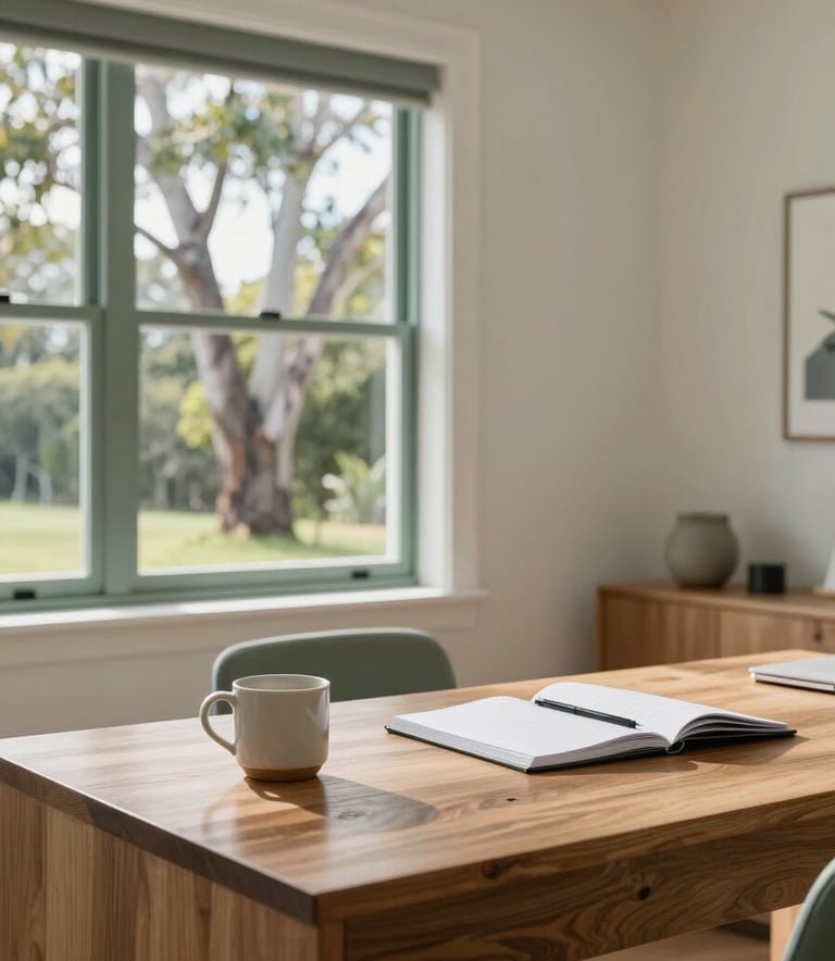 A high-end, bright, and airy home office in an Australian house on the Sunshine Coast. A wooden desk holds a simple ceramic cup and a notepad. Soft, natural light streams in from a window showing eucalyptus trees. The atmosphere is quiet, focused, and professional. Colors: slate green accents and off-white walls.