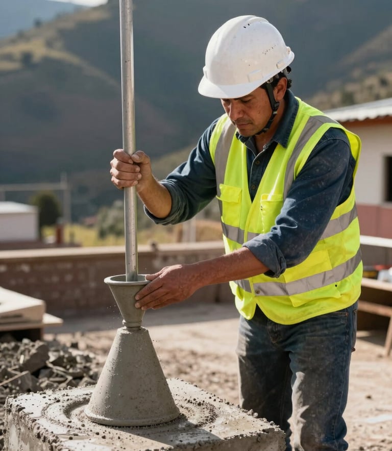 A South American / Peruvian site engineer in a safety vest and white hard hat examining a fresh concrete pour with a slump test, professional and industrial setting, warm sunlight.