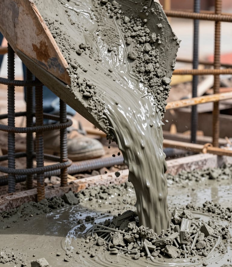 A close-up photograph of high-quality wet ready-mix concrete being poured into a foundation with steel reinforcements, South American / Peruvian construction site, natural daylight, sharp detail on the texture of the material.
