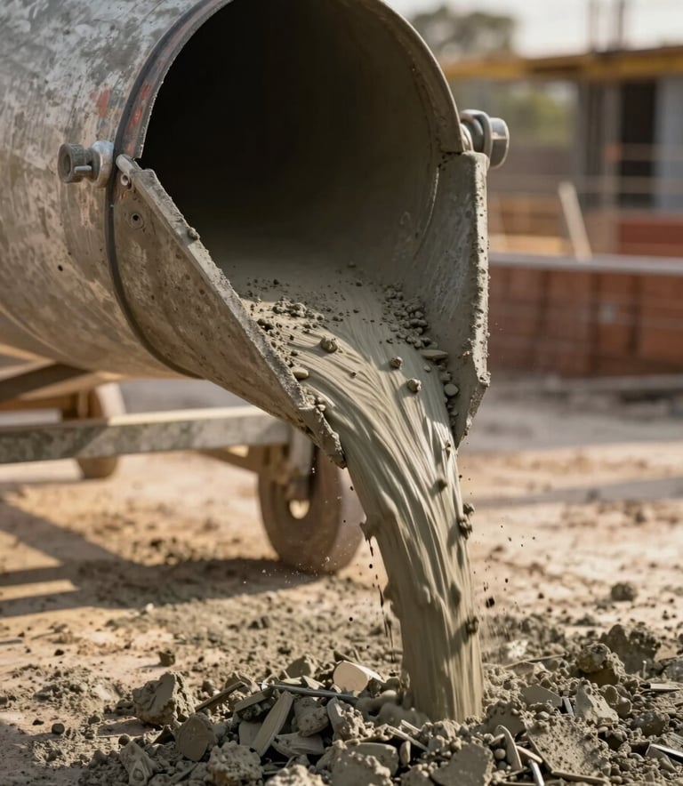 Close-up of fresh, high-quality concrete being professionally poured from a mixer chute at a South American / Peruvian construction site. Focus on texture and strength, warm golden hour lighting.