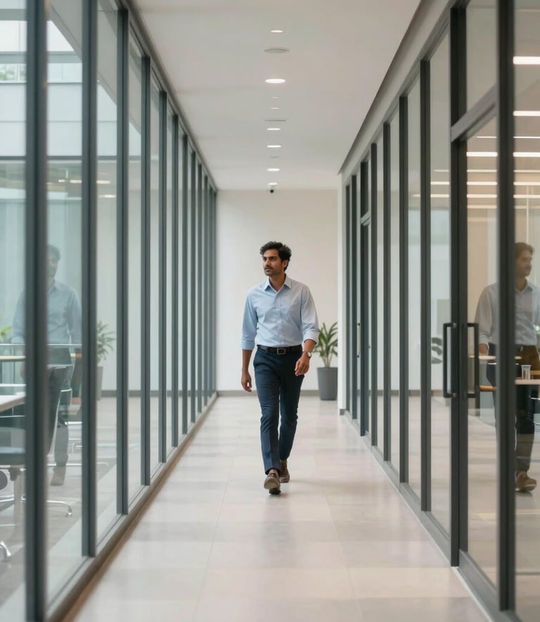 Photography of a modern office hallway in Bangalore with clean glass windows. A South Asian / Indian professional is walking in the distance, conveying a sense of modern efficiency and professionalism in off-white and soft blue.