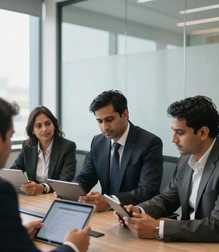 A candid shot of professional South Asian / Indian business consultants in a sleek, glass-walled conference room in Gurugram, engaged in a collaborative discussion over digital tablets, natural daylight, professional corporate atmosphere.